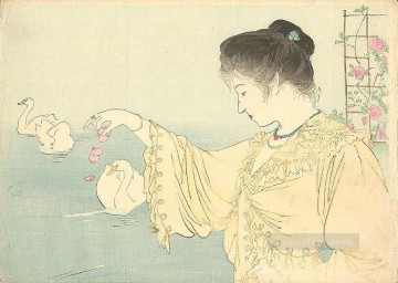  blancos Pintura - Mujer y cisnes blancos 1906 Kiyokata Kaburagi Japonés